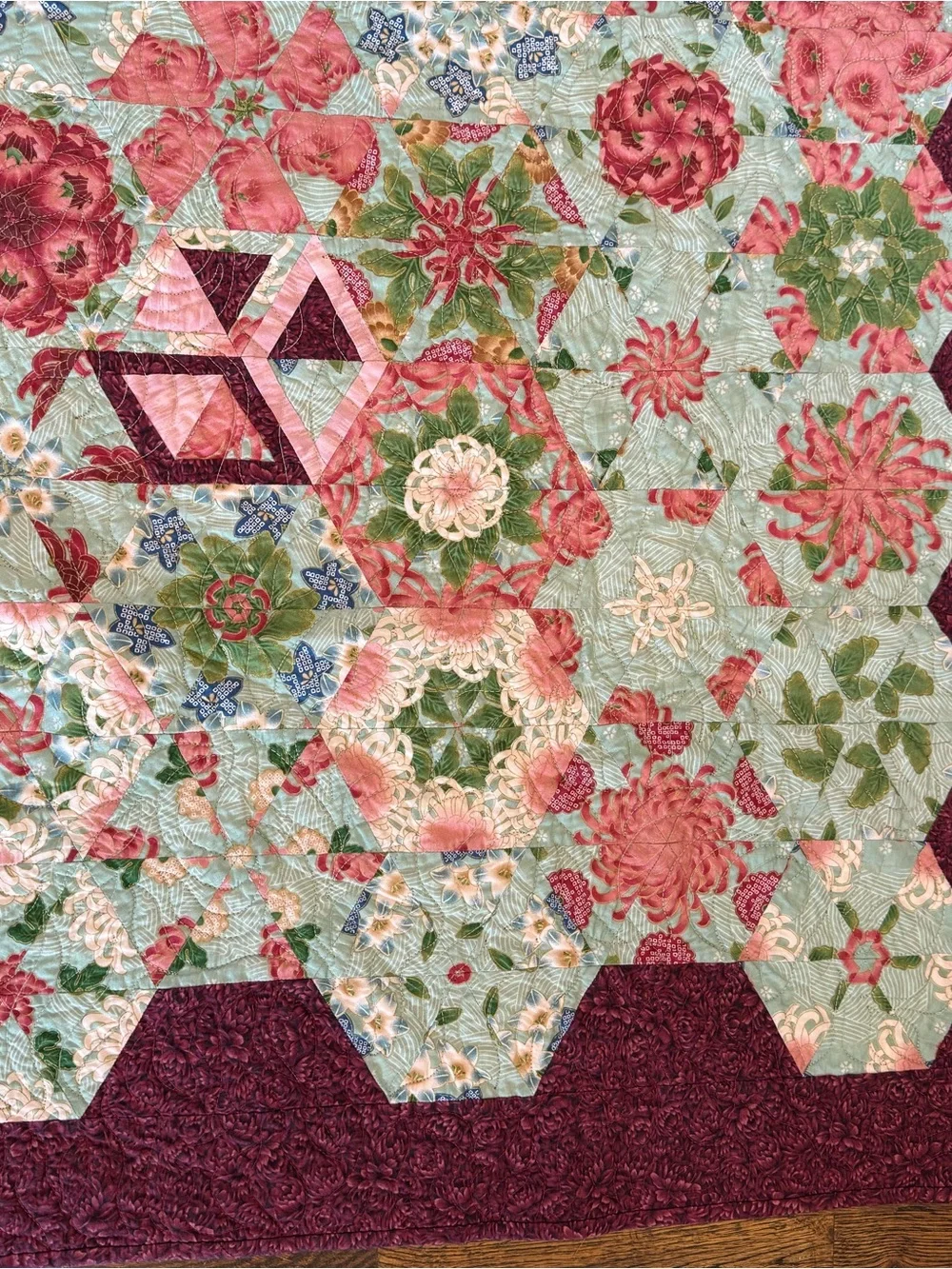Handmade Floral Hexagon Quilt - Burgundy Border, Multicolor Center